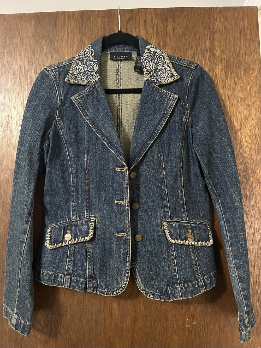 Vintage Dark Blue Denim Blazer Jacket with Embroidered Collar